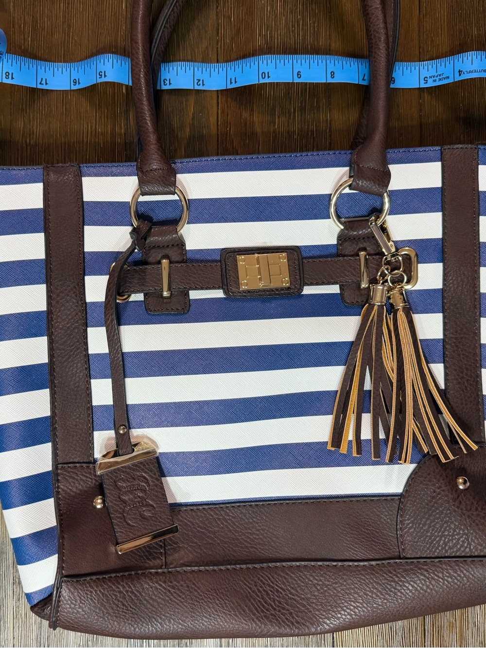 Navy & White Striped Tote with Brown Trim and Tassel